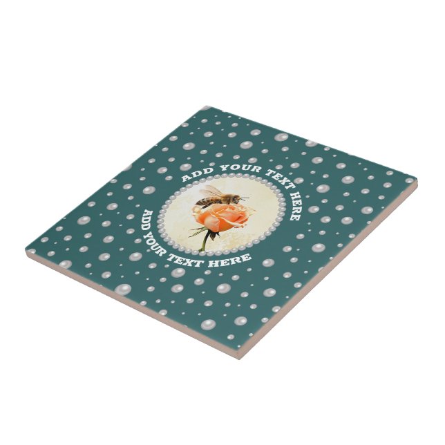 Personalised Photo with Pearls Circle on Teal Ceramic Tile (Side)