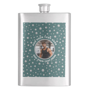 Personalised Photo with Pearls Circle on Teal Hip Flask