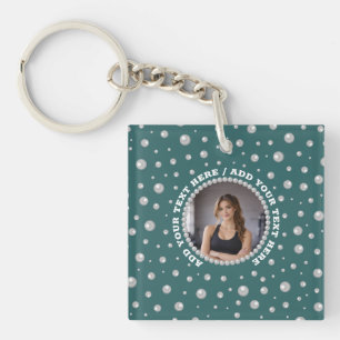 Personalised Photo with Pearls Circle on Teal Key Ring