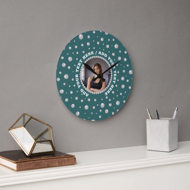 Personalised Photo with Pearls Circle on Teal Large Clock (Office)