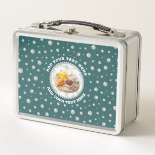 Personalised Photo with Pearls Circle on Teal Metal Lunch Box