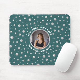 Personalised Photo with Pearls Circle on Teal Mouse Pad