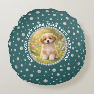 Personalised Photo with Pearls Circle on Teal Round Cushion