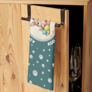 Personalised Photo with Pearls Circle on Teal Tea Towel