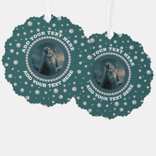 Personalised Photo with Pearls Circle on Teal Tree Decoration Card