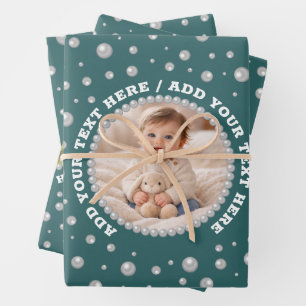 Personalised Photo with Pearls Circle on Teal Wrapping Paper Sheet