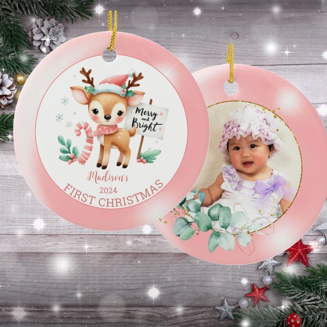 Personalised Photo Woodland Deer Christmas    Ceramic Ornament (Creator Uploaded)