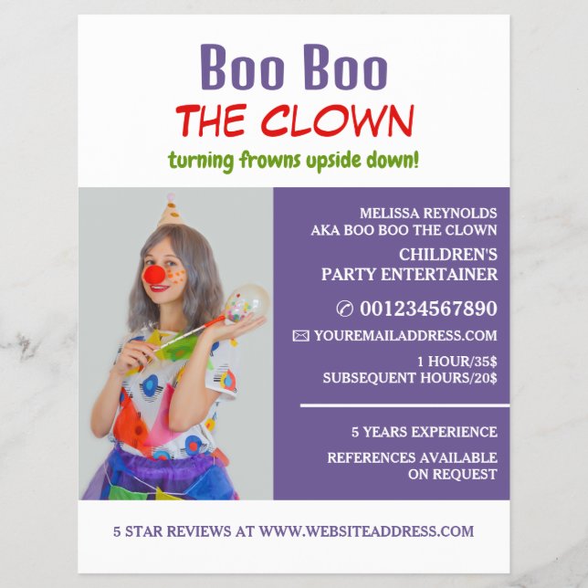 Personalised Photograph, Kids Entertainer, Clown Flyer (Front)