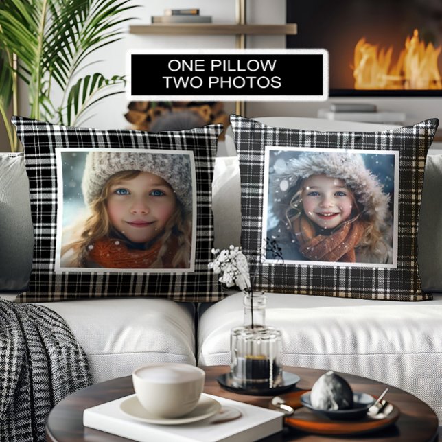 Personalised Photos Buffalo Plaid Black White Cushion (Black and white checkered 2-photo decorator pillow)