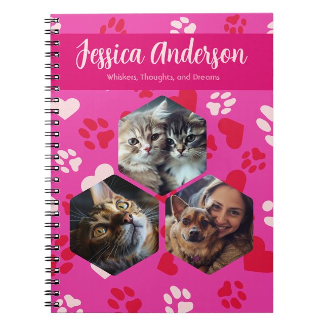 Personalised Photos & Name Paw Prints Pattern Notebook (Front)