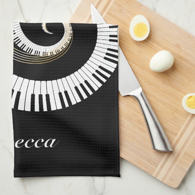 Personalised Piano Keys and Gold Music Notes Tea Towel (Quarter Fold)