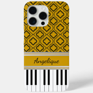 Personalised Piano Keys Black Quatrefoil on Gold iPhone 15 Pro Max Case