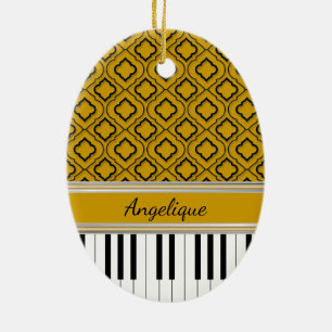 Personalised Piano Keys Black Quatrefoil on Gold Ceramic Ornament