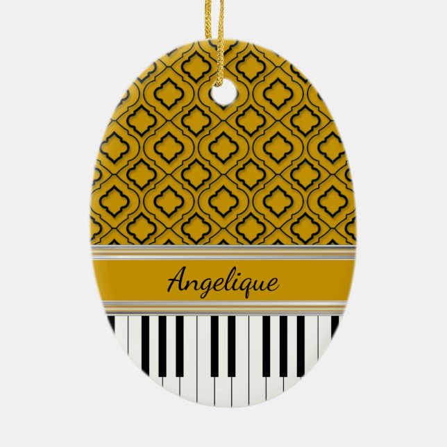 Personalised Piano Keys Black Quatrefoil on Gold Ceramic Ornament (Back)