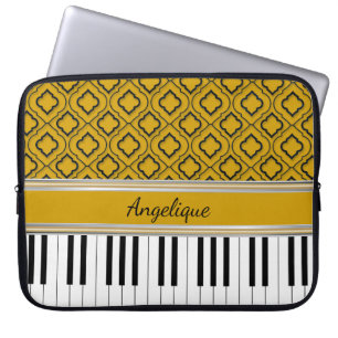 Personalised Piano Keys Black Quatrefoil on Gold Laptop Sleeve
