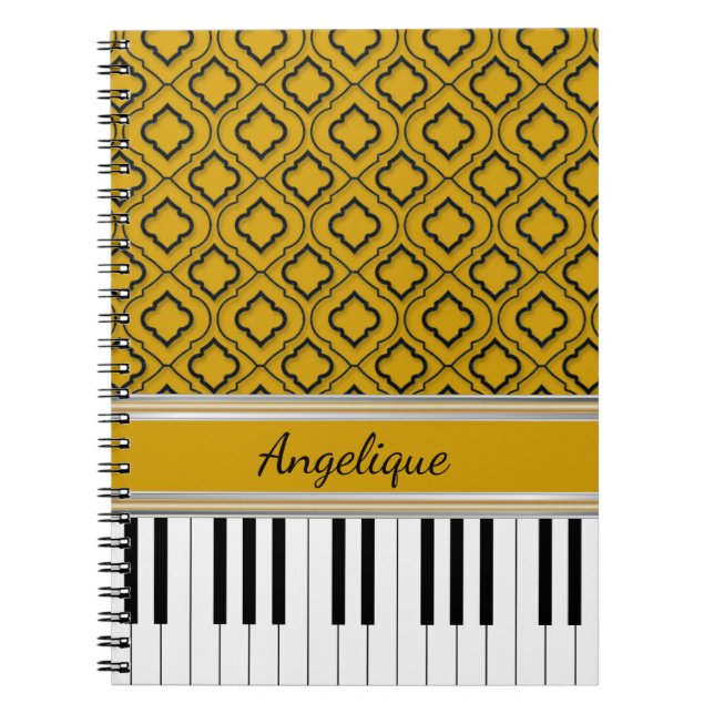 Personalised Piano Keys Black Quatrefoil on Gold Notebook (Front)