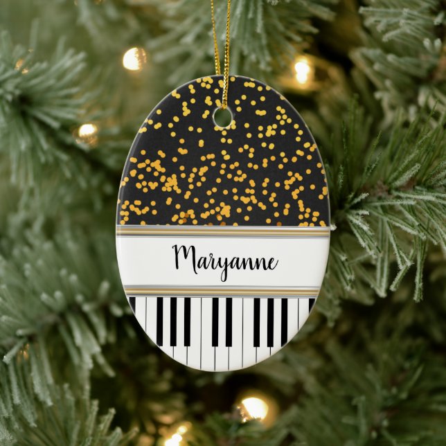 Personalised Piano Keys Gold Polka Dots Pattern Ceramic Ornament (Tree)