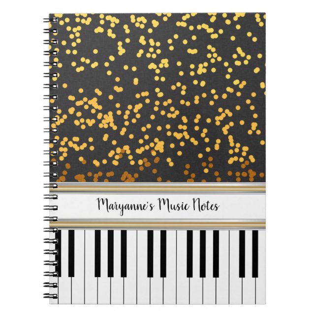Personalised Piano Keys Gold Polka Dots Pattern Notebook (Front)