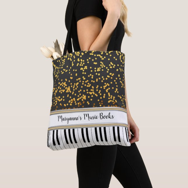 Personalised Piano Keys Gold Polka Dots Pattern Tote Bag (Close Up)