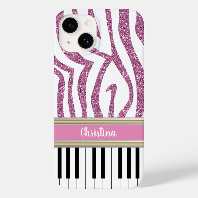 Personalised Piano Keys Pink Glitter Zebra Print Case-Mate iPhone Case (Back)