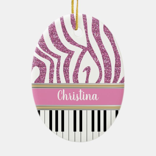 Personalised Piano Keys Pink Glitter Zebra Print Ceramic Ornament (Back)