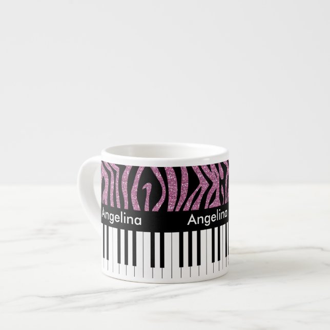 Personalised Piano Keys Pink Glitter Zebra Print Espresso Cup (Front Left)