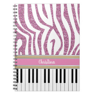 Personalised Piano Keys Pink Glitter Zebra Print Notebook