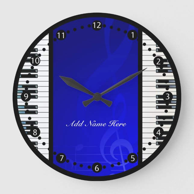 Personalised Piano Keys with Blue  Musical Notes Large Clock (Front)