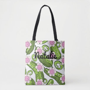 Personalised pickleball and pickle patterned tote bag