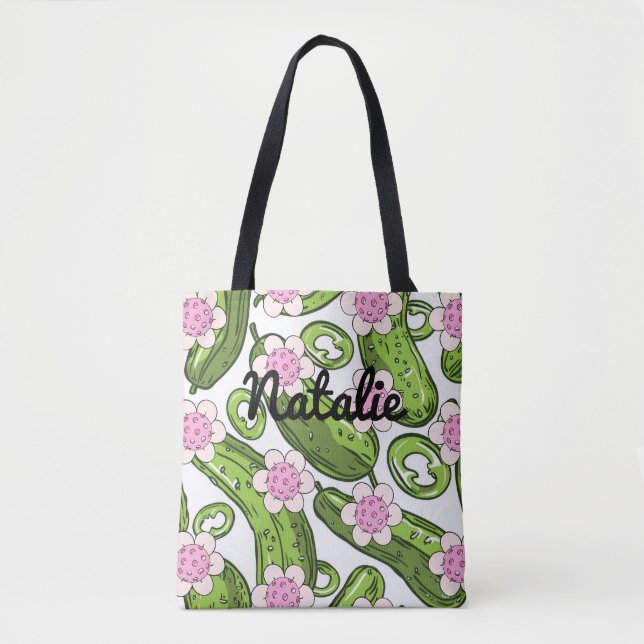Personalised pickleball and pickle patterned  tote bag (Front)