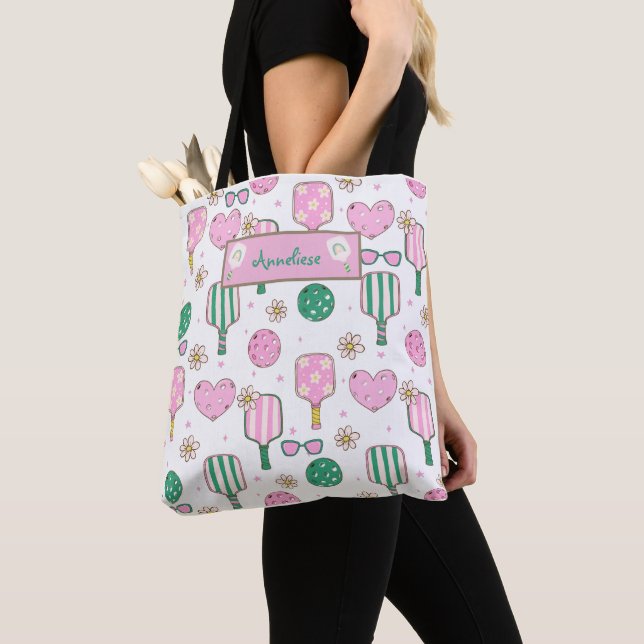 Personalised Pickleball Pink and Green Pattern Tote Bag (Close Up)