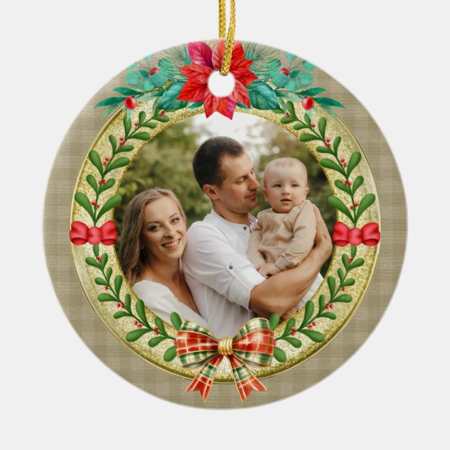 Personalised Picture Frame and Christmas Wreath  Ceramic Ornament (Front)