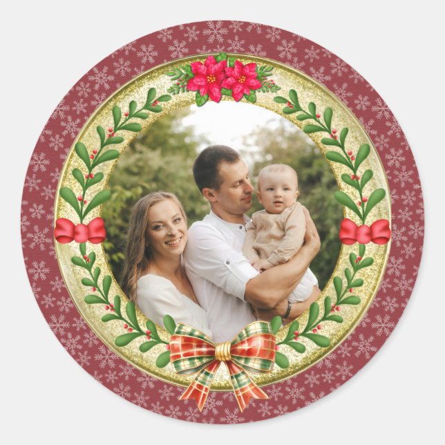 Personalised Picture Frame and Christmas Wreath  Classic Round Sticker (Front)