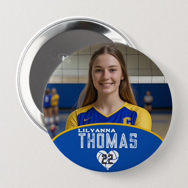 Personalised Picture Volleyball Player Name Number 10 Cm Round Badge (Front & Back)