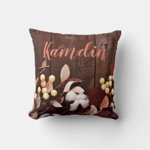 Personalised Pillow Cotton Branch on Dark Wood Ste