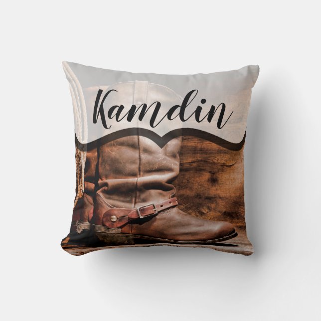 Personalised Pillow Cowboy Boots Barn Wood Rustic (Front)