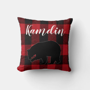 Personalised Pillow Red Buffalo Plaid Bear Black