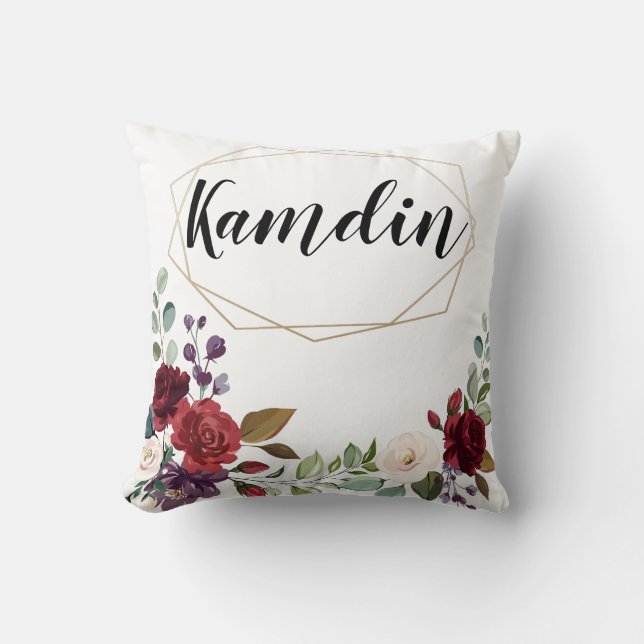 Personalised Pillow White Roses Gold Geometric Flo (Front)
