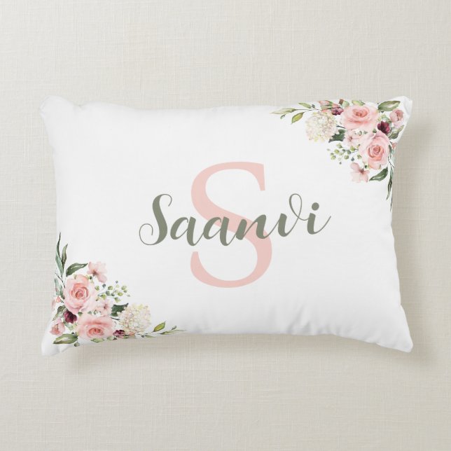 Personalised pillow with initial, name, and roses (Front)