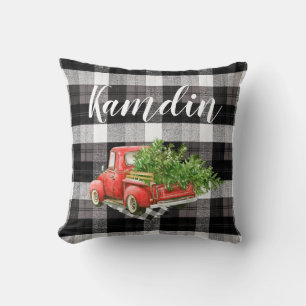 Personalised Pillow XMAS Truck Baffalo Plaid Black