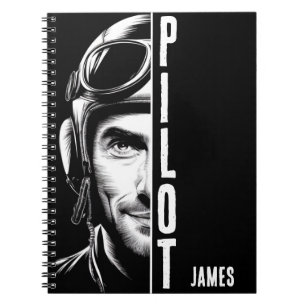 Personalised, Pilot Face, Comic, Black and White Notebook