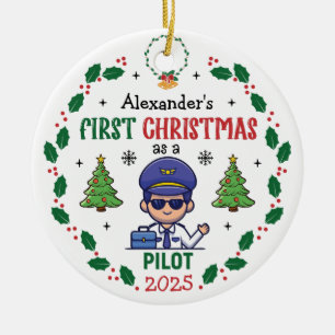 Personalised Pilot First Christmas Tree Round Ceramic Ornament