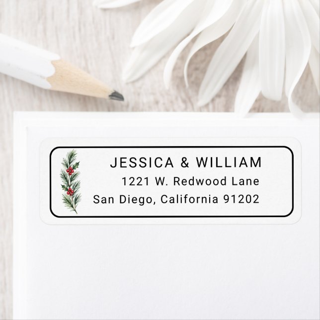 Personalised Pine Branch Wedding Return Address La Label (Insitu)