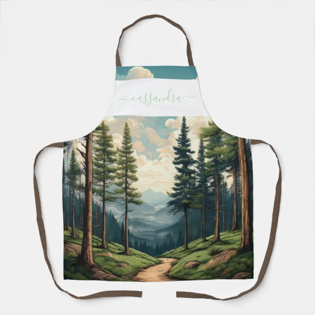 Personalised Pine Forest Path Design with Name Apron (Front)