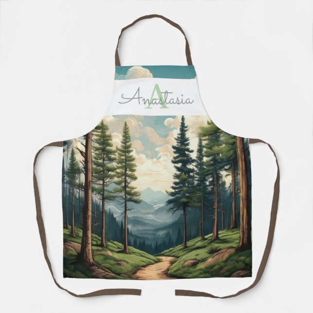 Personalised Pine Forest Path with Name & Monogram Apron (Front)