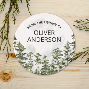 Personalised Pine Forest Watercolor Bookplate Classic Round Sticker