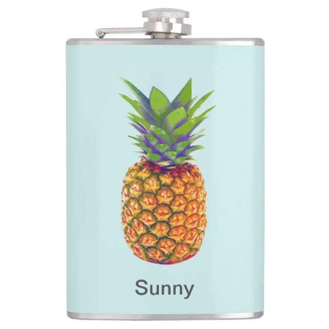 Personalised Pineapple Fruit on Light Blue Hip Flask (Front)