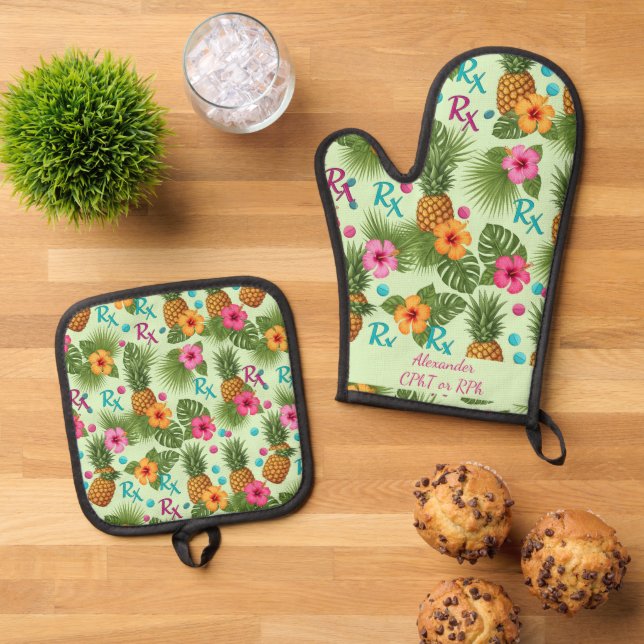 Personalised Pineapple & Hibiscus Pharmacy Oven Mitt & Pot Holder Set (Top Down)