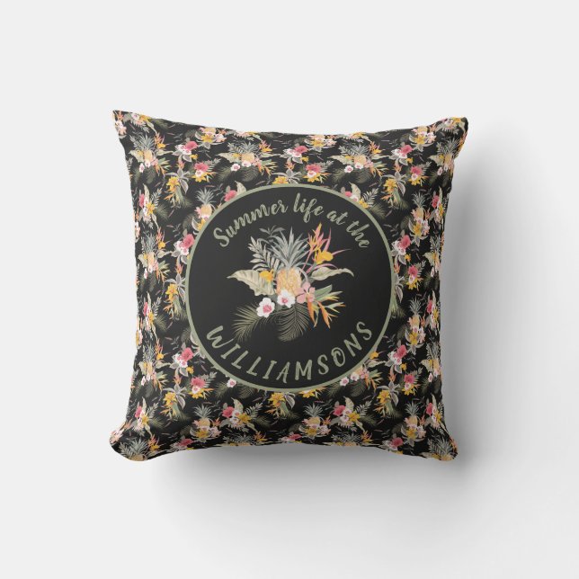 Personalised Pineapple Hibiscus Tropical Black Cushion (Front)