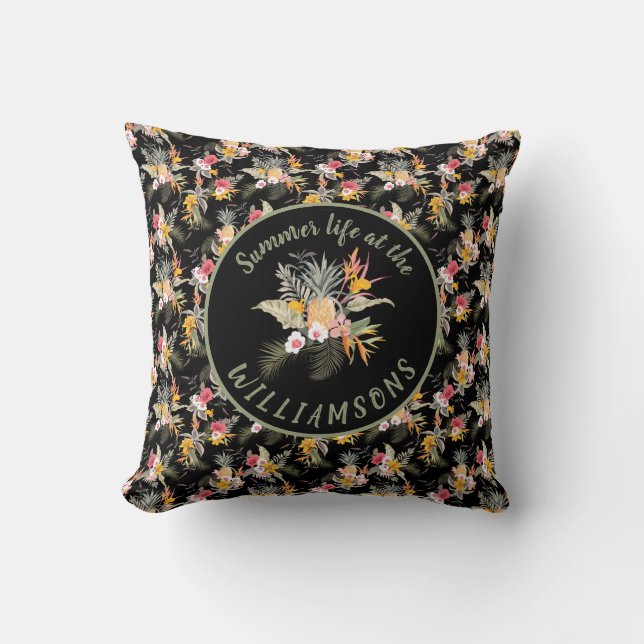 Personalised Pineapple Hibiscus Tropical Black Cushion (Front)